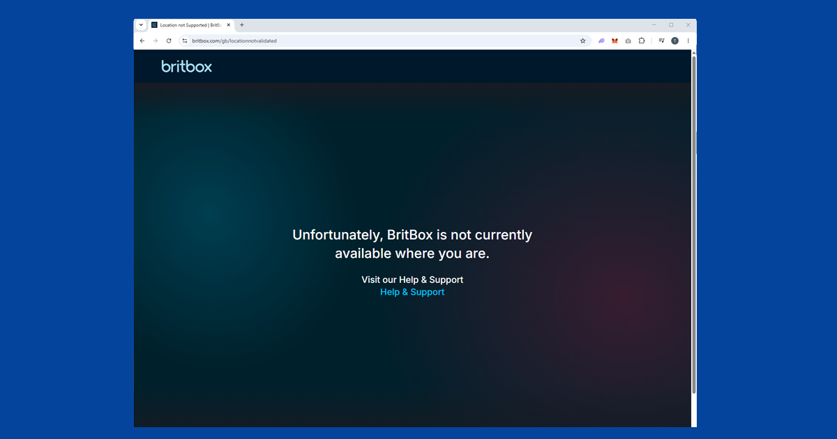BritBox error message shown when accessing from outside the UK