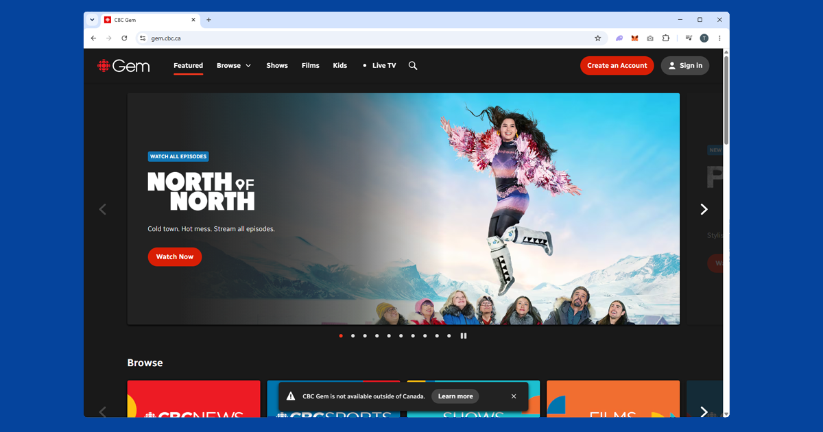 CBC Gem not available outside Canada error shown when accessing from the UK without a VPN