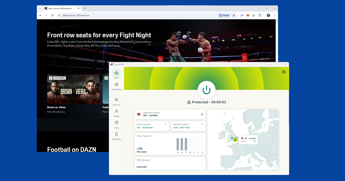 DAZN sports streaming app with a VPN connected