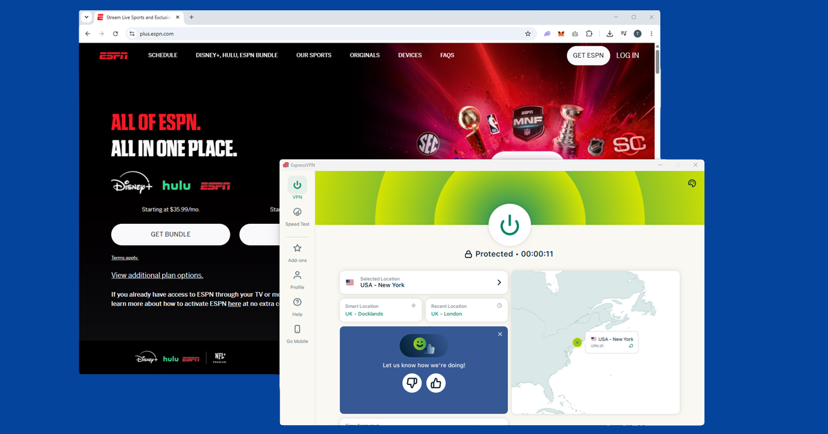 ESPN+ loading successfully from the UK after connecting to a New York VPN server