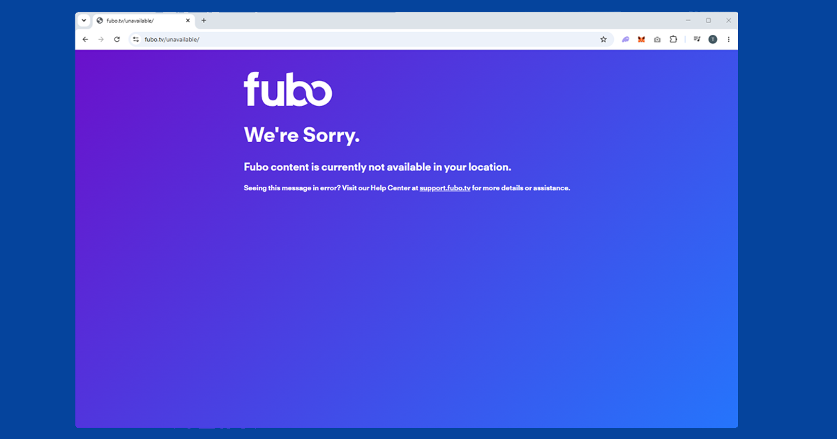 FuboTV geo-restriction error screen shown when accessing from outside the US
