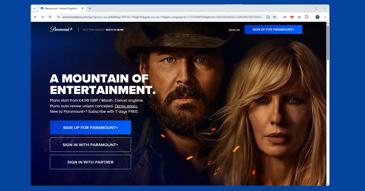 Paramount+ streaming on a laptop with a VPN connected