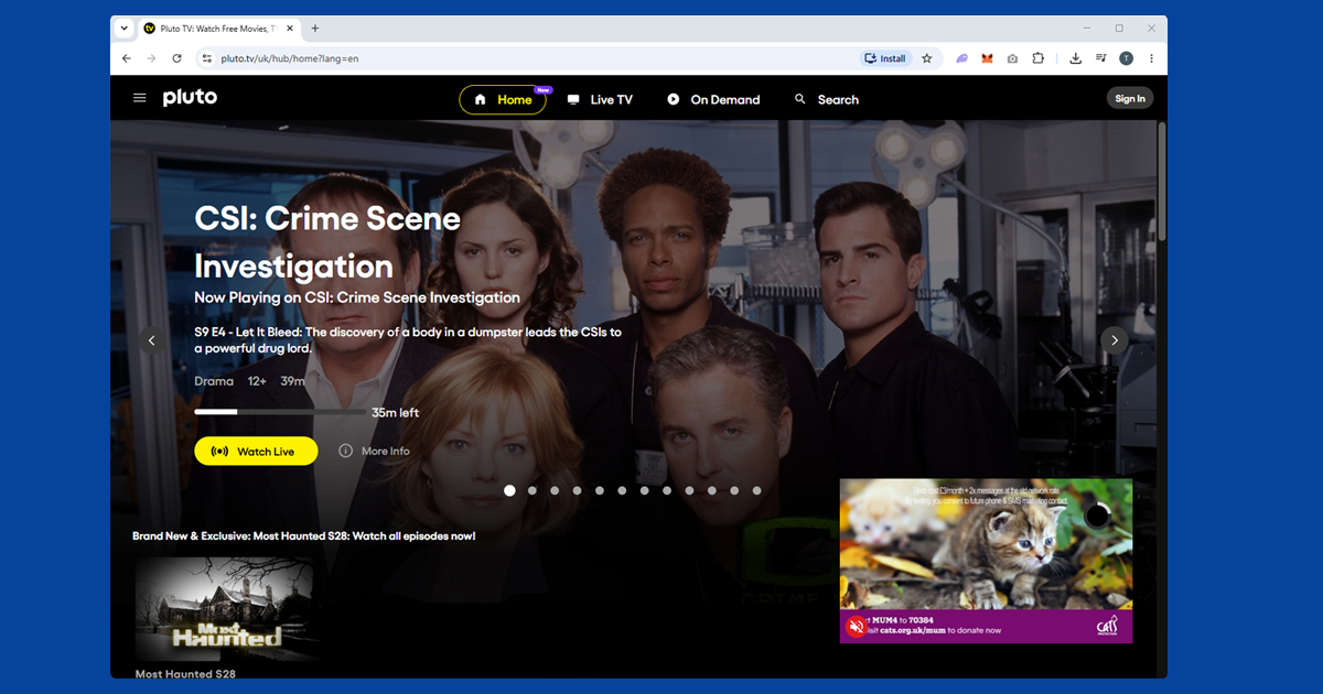 Pluto TV US library showing hundreds of live channels