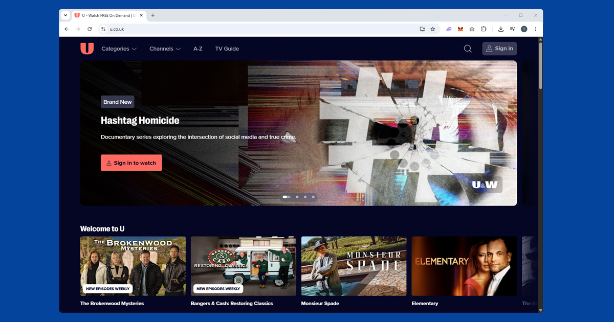 U streaming geo-restriction error shown outside the UK without a VPN