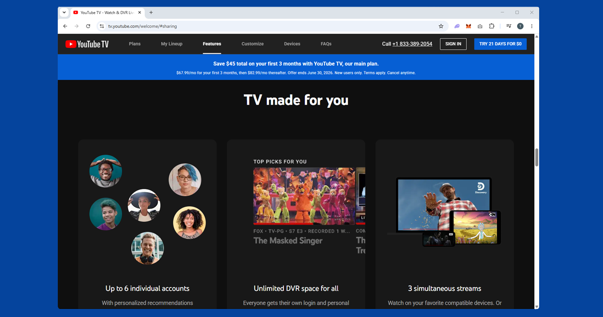 YouTube TV app on a streaming device connected to a TV